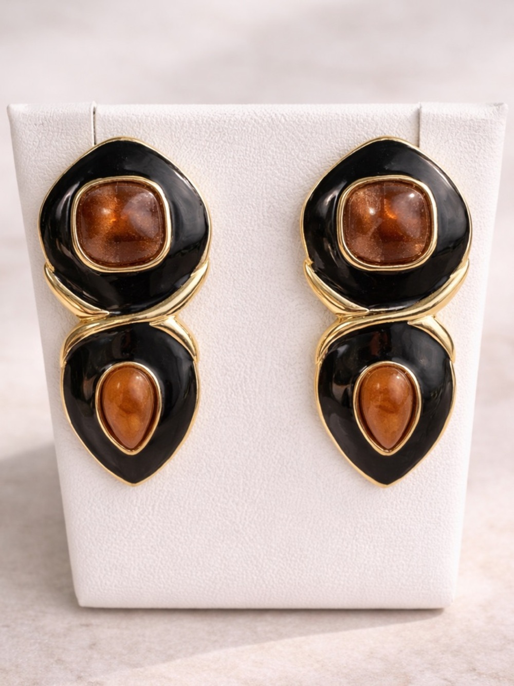 Vintage Trifari Black Enamel Gold Tone Amber Cabochon Earrings